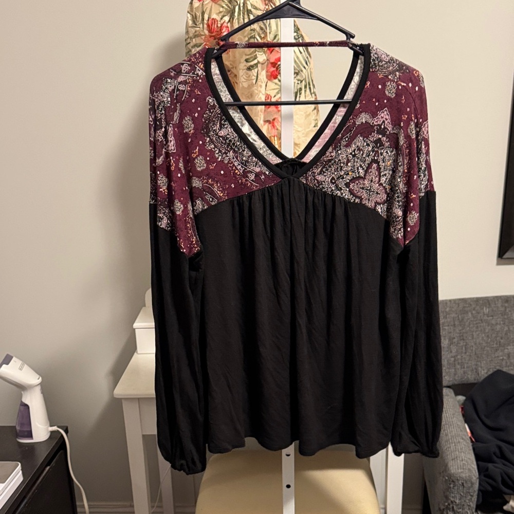 Maurices Black Long-Sleeve Top with Burgundy Paisley Yoke